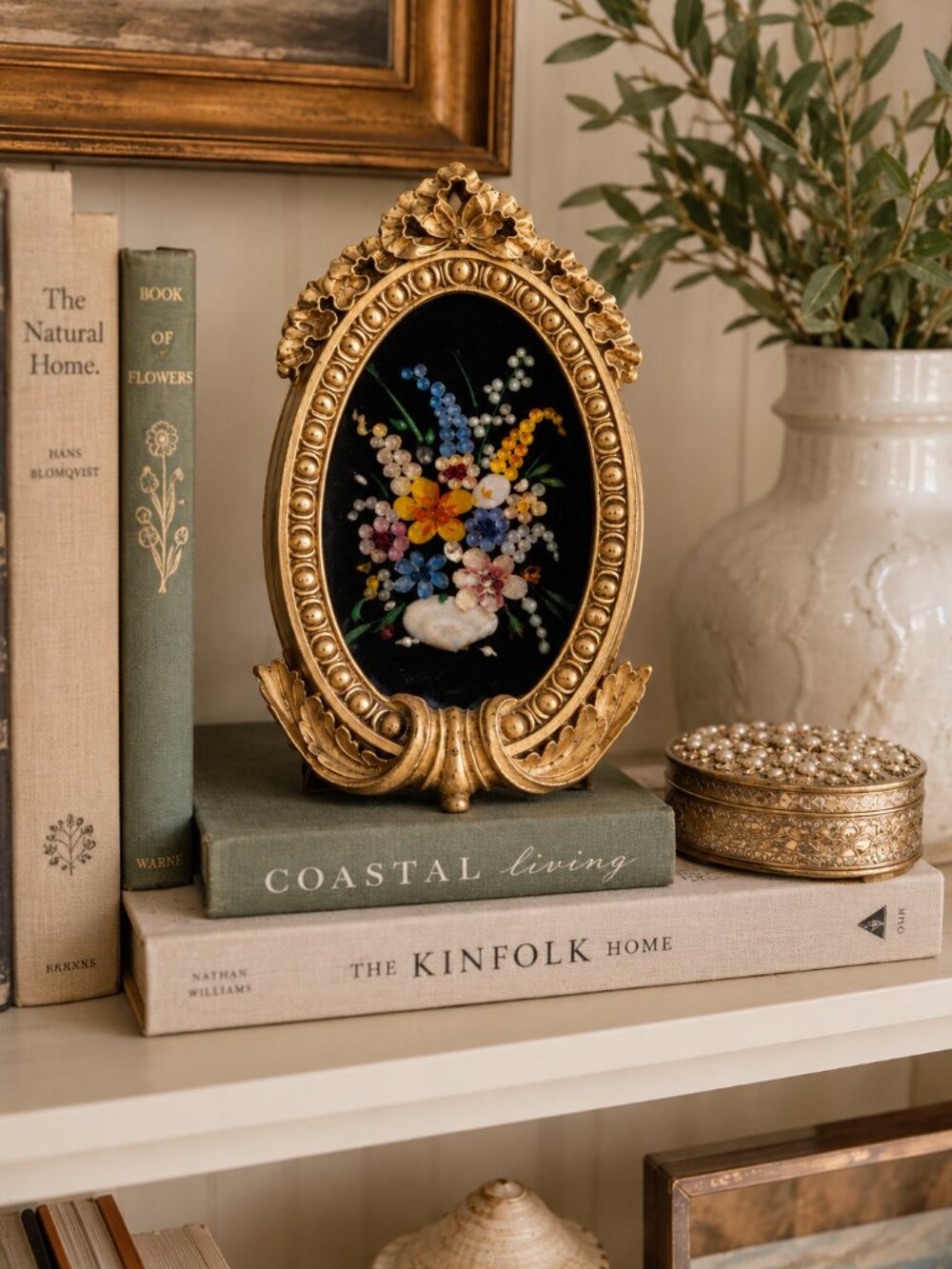 One-of-a-Kind Vintage Handcrafted Seashell Floral Art | Ornate Gold Frame